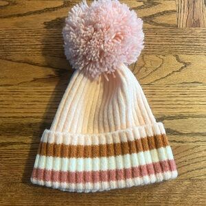 Pretty pink striped pom pom beanie